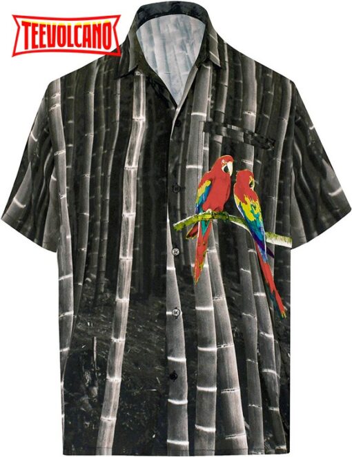 Shirt Casual Button Down Short Sleeve Beach parrot printed Shirt Men Pocket HD Black