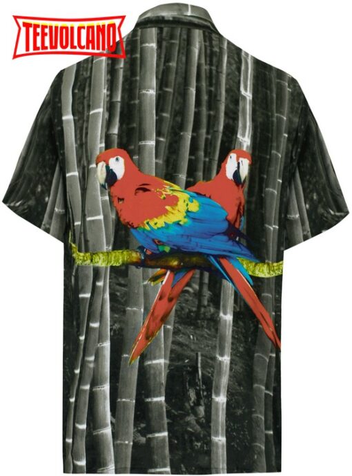 Shirt Casual Button Down Short Sleeve Beach parrot printed Shirt Men Pocket HD Black