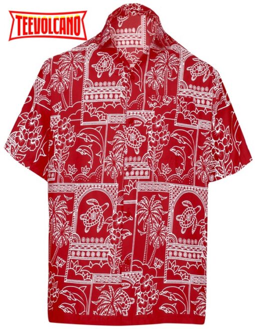 Shirt Casual Button Down Short Sleeve Beach Shirt Aloha Pocket Blood Red