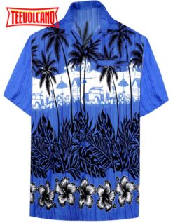 Shirt Casual Button Down Short Sleeve Beach Shirt Men Aloha Pocket Blue Palm Tree