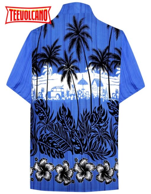 Shirt Casual Button Down Short Sleeve Beach Shirt Men Aloha Pocket Blue Palm Tree