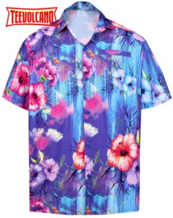 Shirt Casual Button Down Short Sleeve Beach Shirt Men Aloha Pocket Blue