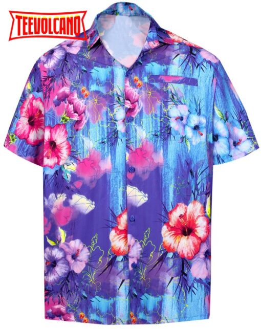 Shirt Casual Button Down Short Sleeve Beach Shirt Men Aloha Pocket Blue