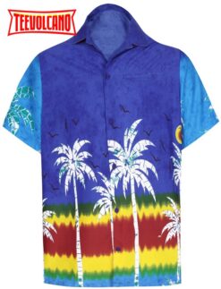 Shirt Casual Button Down Short Sleeve Beach Shirt Men Aloha Pocket shirt Blue Palm Tree