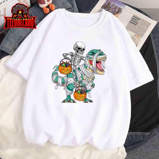 Skeleton Riding Mummy Dinosaur T Rex Kids Funny Halloween T-Shirt