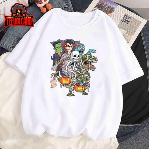 Skeleton Zombie Riding Mummy T Rex Funny Halloween Pumpkin T-Shirt