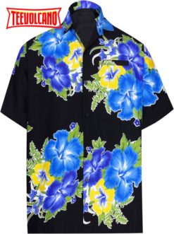 Summer Shirt Button Down Short Sleeve Beach Hawaii shirt Men Aloha Pocket Blue