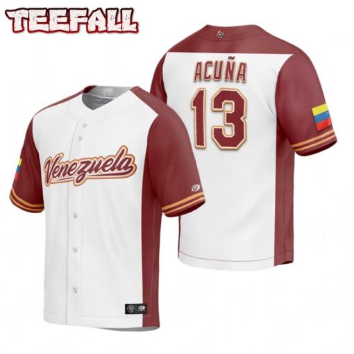 Venezuela Ronald Acuna Jr. White Burgundy Replica 2023 World Baseball Classic Jersey