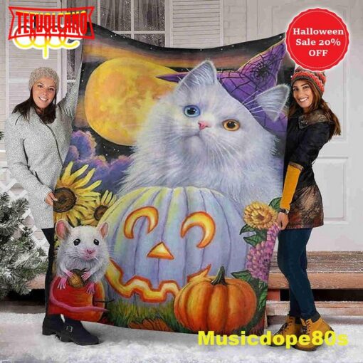 White Cat and Pumpkin Halloween Sofa Fleece Throw Blanket  Halloween Gifts