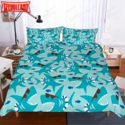 3d Blue Cartoon Shark Bed Sheets Duvet Cover Bedding Set Great