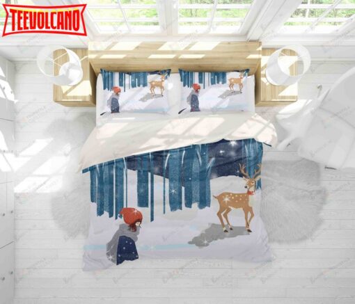 3d Cartoon Forest Elk And Girl Bed Sheets Duvet Cover Bedding Set