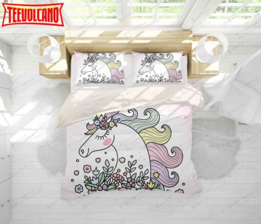 3d Cartoon Unicorn And Flowers Bed Sheets Duvet Cover Bedding Set