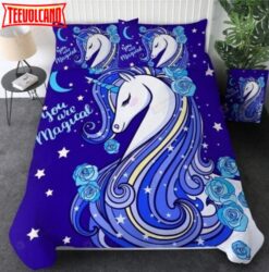 3D Cartoon Unicorn Floral Blue You Are Magical Cotton Duvet Cover Bedding Sets