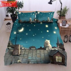 3D Cat On The Roof At The Moon Night Bed Sheets Duvet Cover Bedding Sets