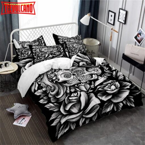 3d Couples Rose Sugar Skull King Queen Duvet Cover Bedding Set