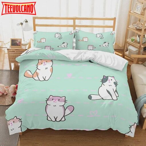 3D Kids Cats Bedding Cartoon Cats Bedspread Printed Green Duvet Cover