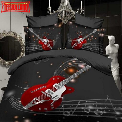 3D Music Notes BlackRed Guitar Quilt 3D Bedding Set Duvet Cover Set Bedroom