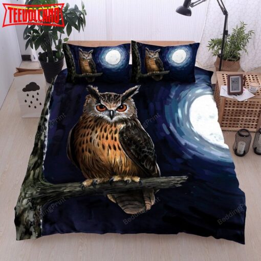 3D Owl On The Tree Branch At Night Bed Sheets Duvet Cover Bedding Sets