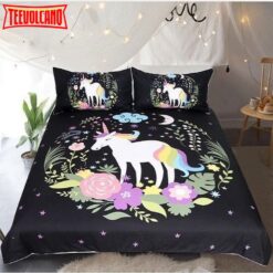 3D Unicorn Cartoon On The Flowers Circle Cotton Duvet Cover Bedding Sets