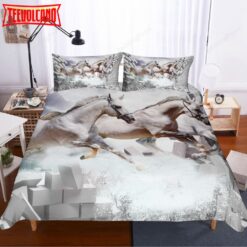 3D White Horses Bed Sheets Duvet Cover Bedding Set