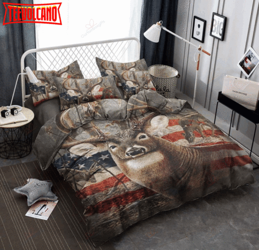 Deer Hunting Us Flag Bedding Set Duvet Cover  Pillow Cases