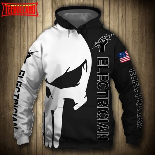 Electrician Punisher Skull US Flag Black White 3D Printed Hoodie