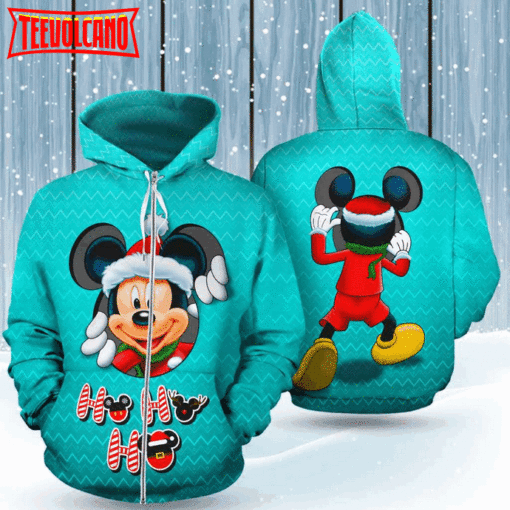 Mickey Peeking Light Blue Santa Christmas Ho Ho Ho 3D Printed Hoodie