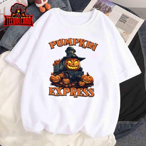 Pumpkin Express Train Scary Halloween Train Fall Train Premium T-Shirt