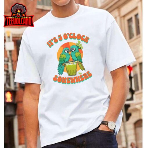 Vintage It’s 5 O’clock Somewhere Parrots Drinking Cocktail T-Shirt