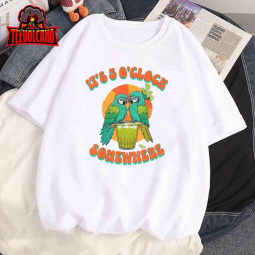 Vintage It’s 5 O’clock Somewhere Parrots Drinking Cocktail T-Shirt