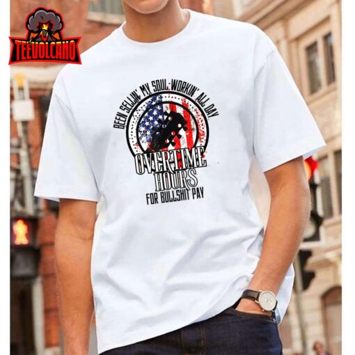 Vintage Retro America Flag Overtime Hours For Bull Pay T-Shirt