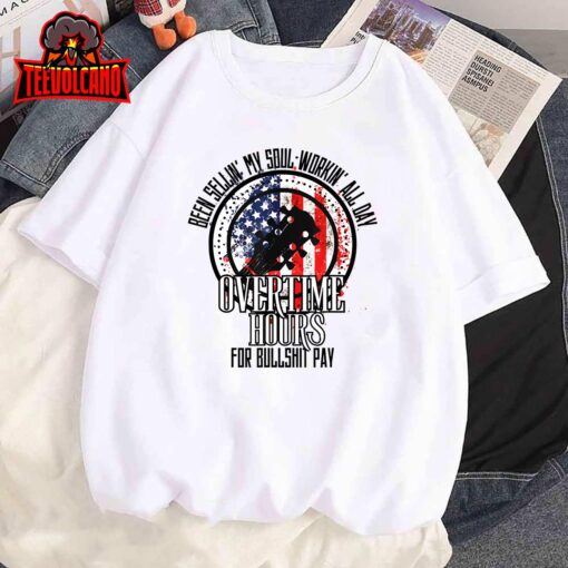 Vintage Retro America Flag Overtime Hours For Bull Pay T-Shirt