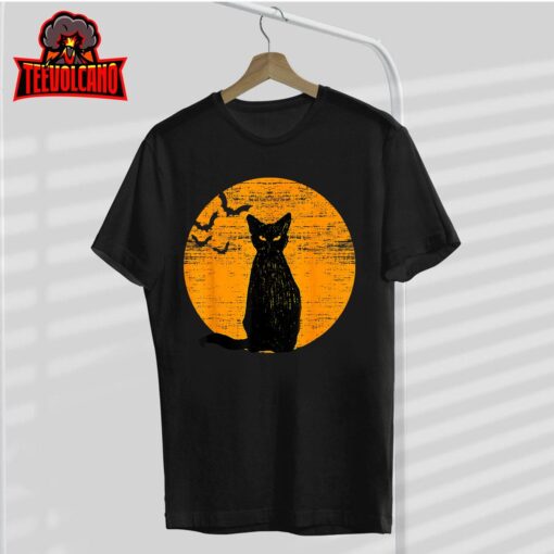 Vintage Scary Halloween Black Cat Costume Retro Moon Cat Mom T-Shirt