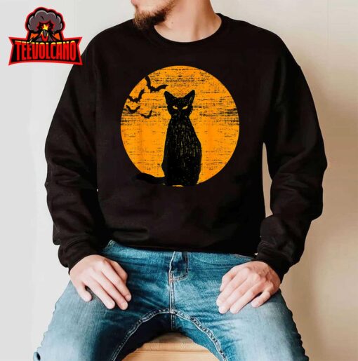 Vintage Scary Halloween Black Cat Costume Retro Moon Cat Mom T-Shirt