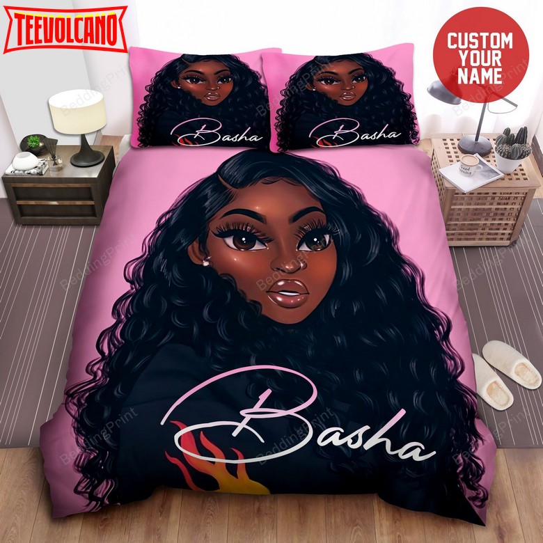 African American Black Girl Long Curly Hair Pink Personalized Custom Bedding Set