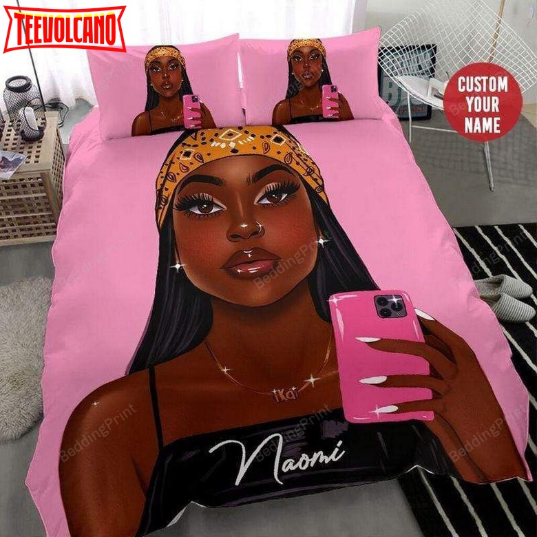 African American Black Girl Pink Phone Bedding Custom Name Bedding Set