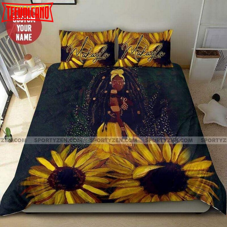 African American Black Girl Sunflower Dress Personalized Custom Bedding Set