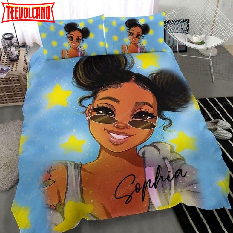African Black Girl Star Custom Name Duvet Cover Bedding Set