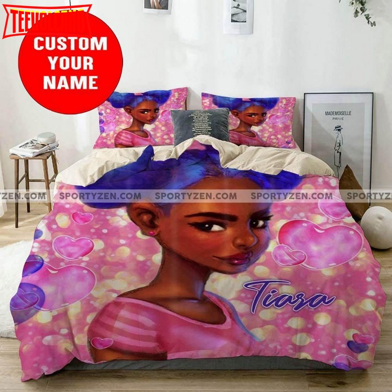 African Cute Little Black Girl Custom Name Bedding Set