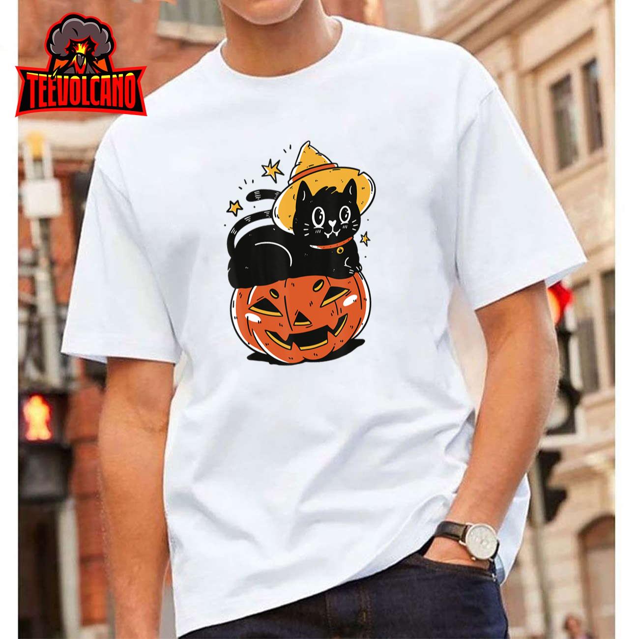 Black Cat Halloween Witch Hat Pumpkin Costume For Men Kids T-Shirt