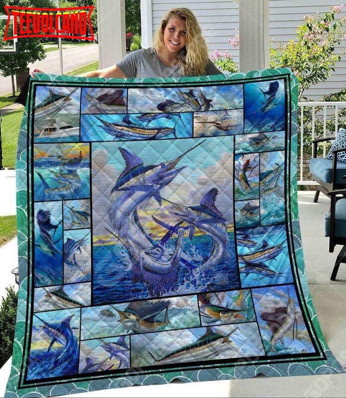 Blue Marlin Fishing Art Like 3D Customized Quilt Blanket