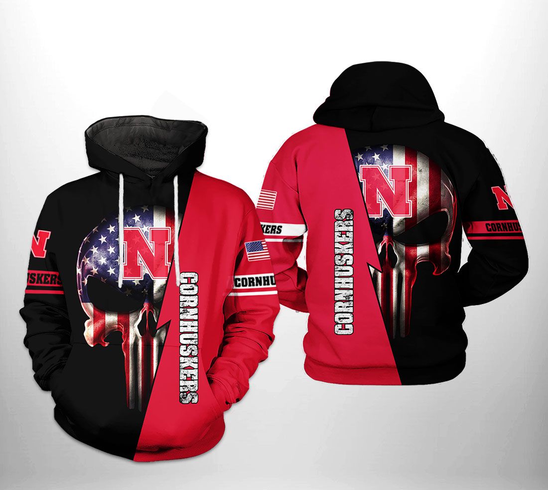 Nebraska Cornhuskers NCAA US Flag Skull 3D Printed Hoodie