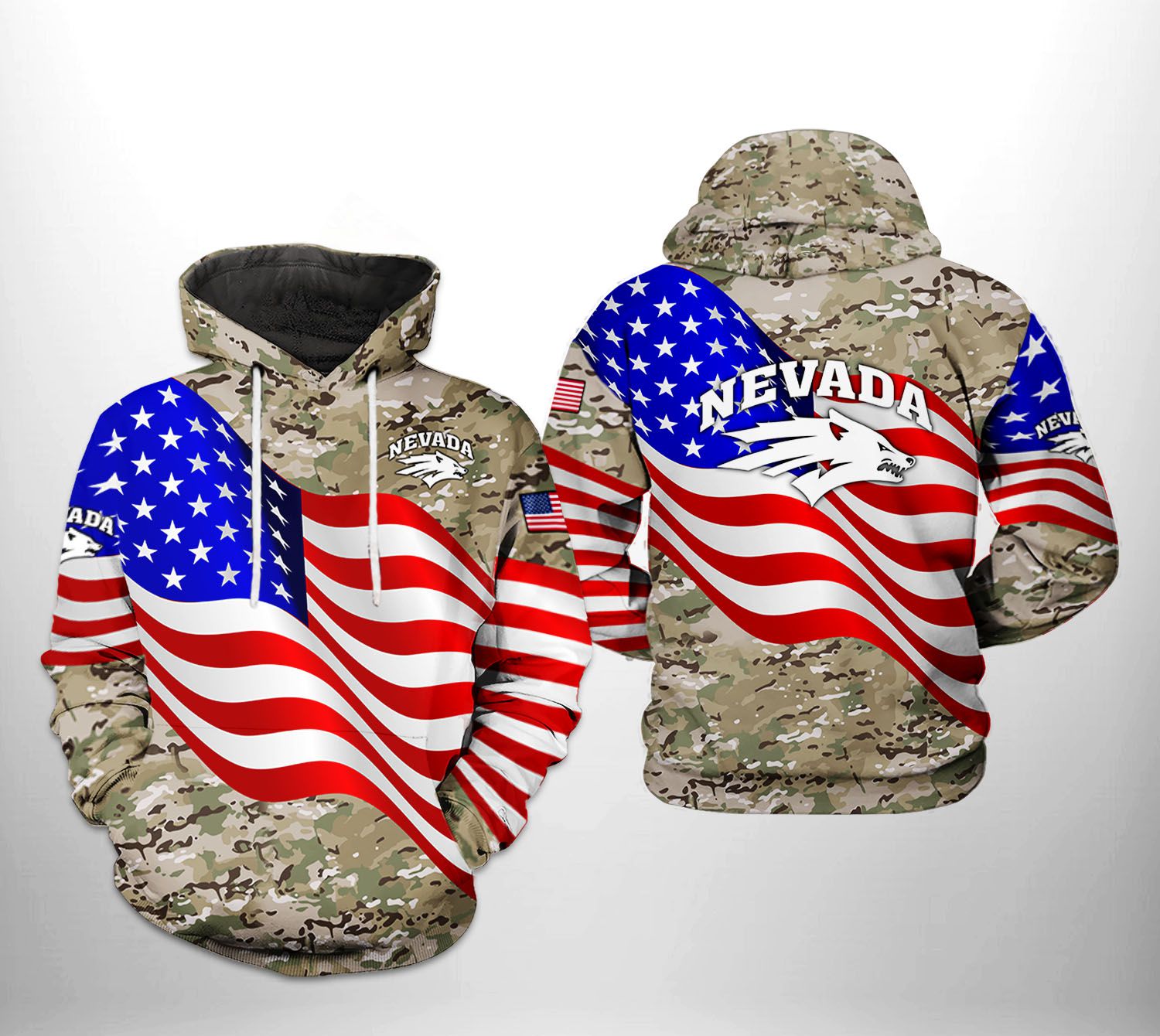 Nevada Wolf Pack NCAA US Flag Camo Veteran 3D Printed Hoodie