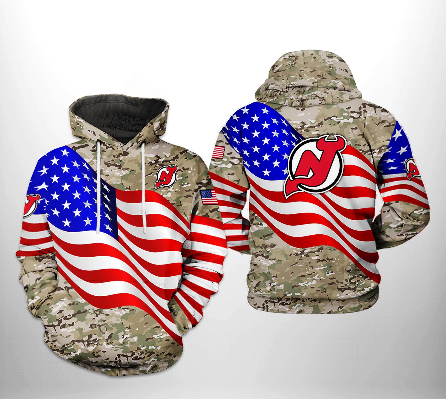 New Jersey Devils NHL US FLag Camo Veteran 3D Printed Hoodie