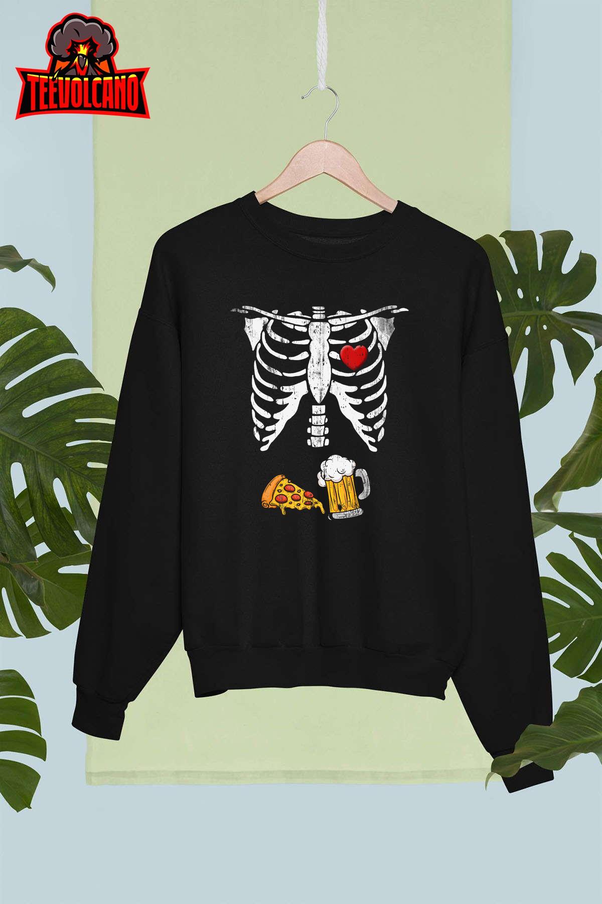 Skeleton Pregnancy Beer Pizza X-Ray Halloween Costume T-Shirt