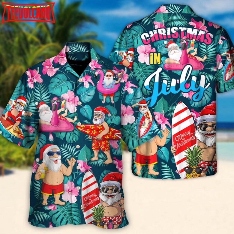 Christmas In July Santa Claus Tropical Hawaiian Shirt, Xmas Holiday Beach Hawaiian Shirt