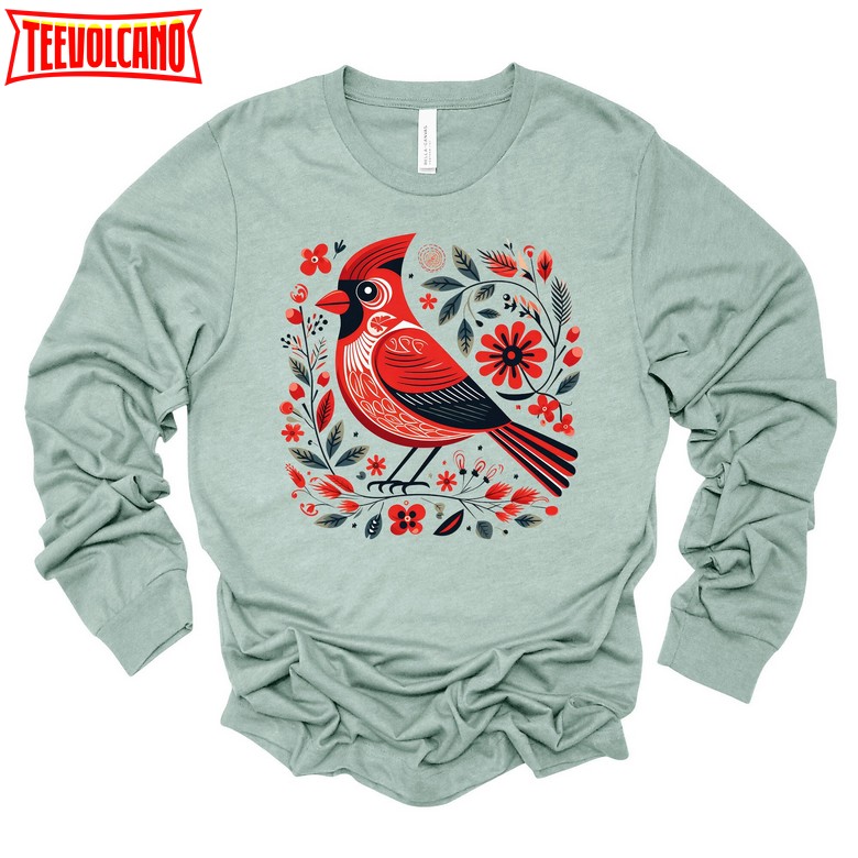 Christmas Pretty Folk Art Christmas Cardinal, Christmas Bird Design T-Shirt