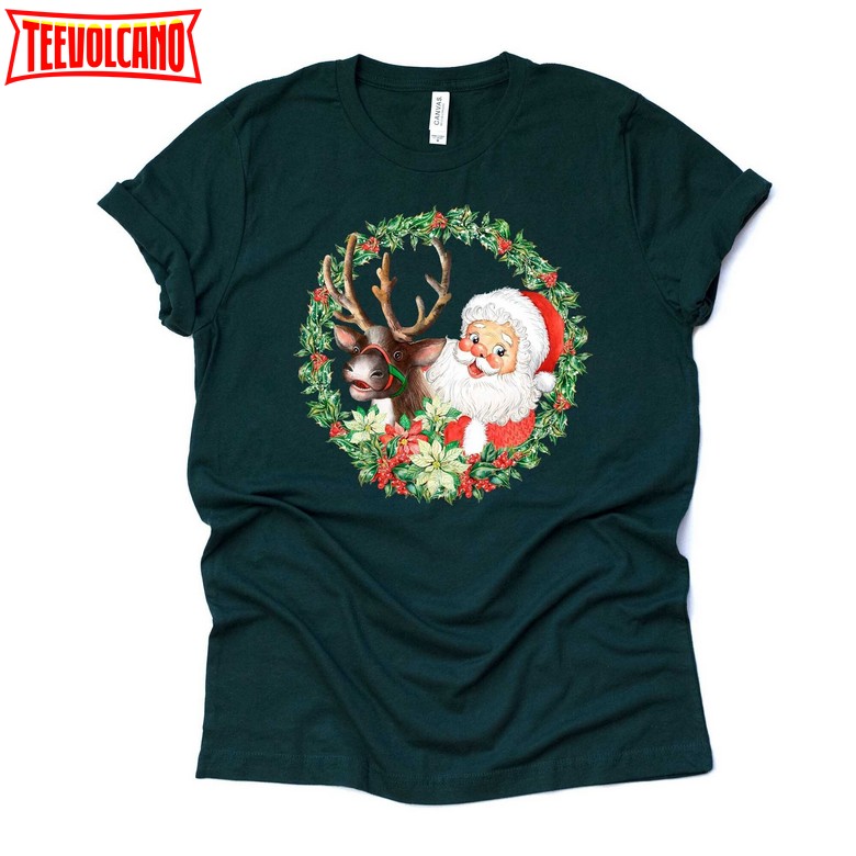 Christmas Vintage Santa and Reindeer, Retro Santa Claus with Deer Shirt