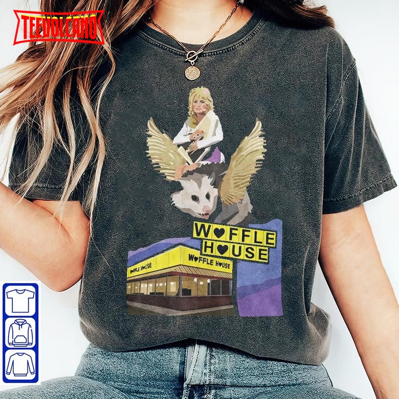 Dolly Parton Riding a Winged Possum Over Waffle-House Retro Shirt, Sweatshirt