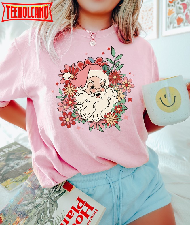 Floral Santa Christmas Sweater, Daisy Christmas Holiday Vintage T-Shirt